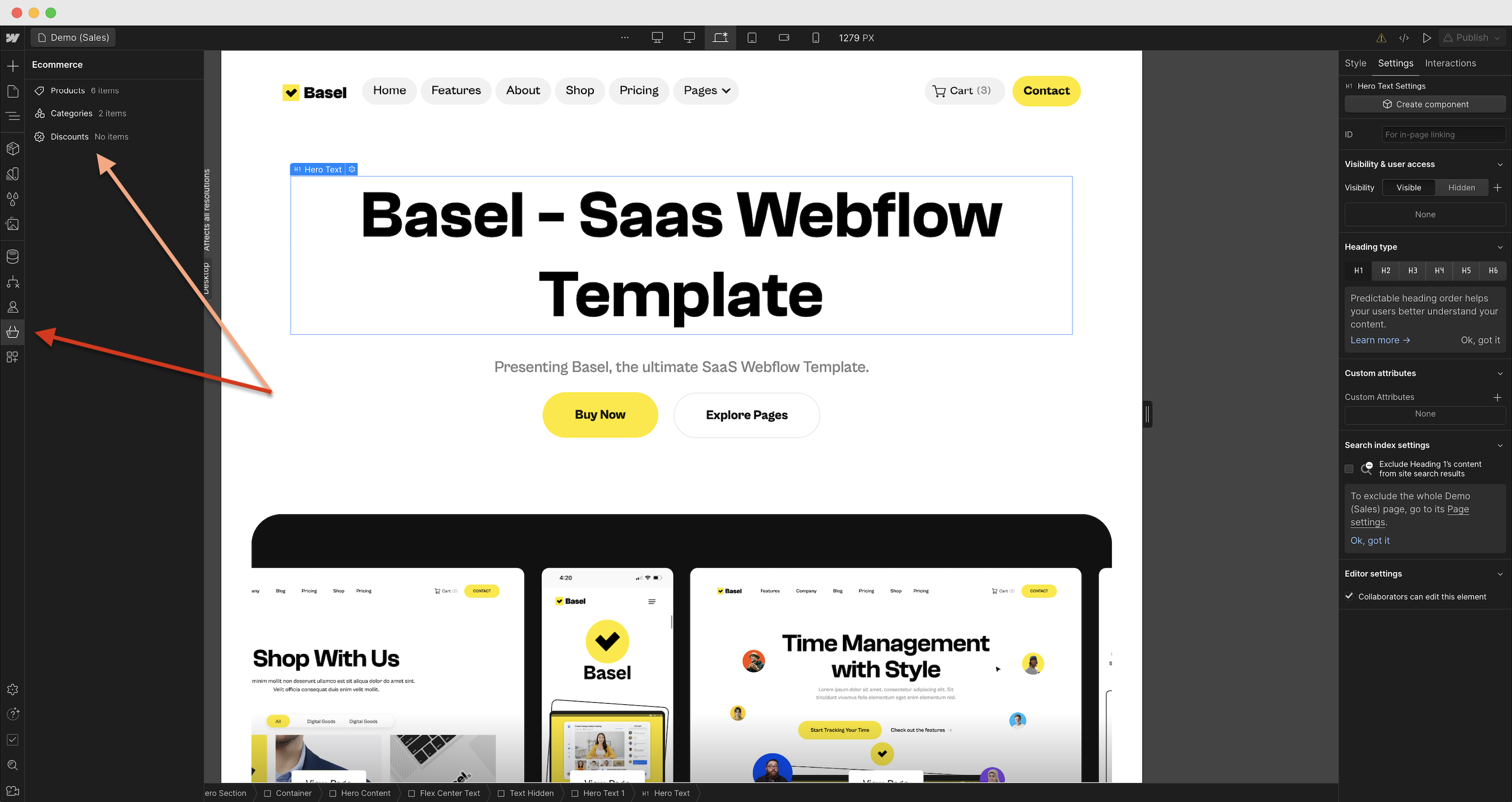 Webflow E-commerce features on a real Webflow SaaS template designed by Azwedo agency